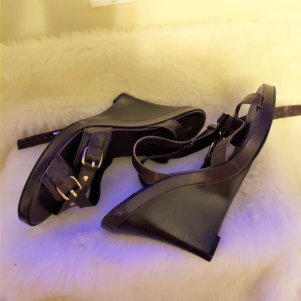 BCBG Brown Open Toe Wedge Heels with Ankle Strap - Picture 2 of 3